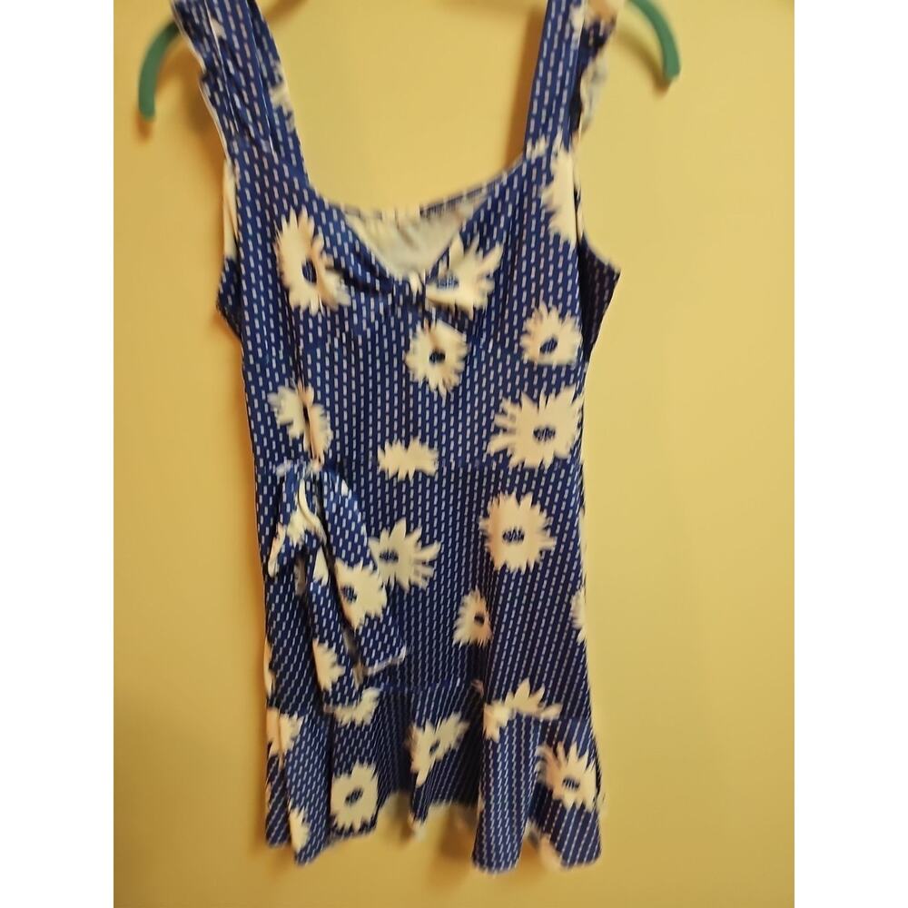 Blue and White Polka Dot Mock Wrap Dress with Flowers Size Small - Picture 5 of 8